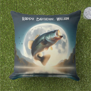 Moon Water & Bass Leaping Outdoor Pillow