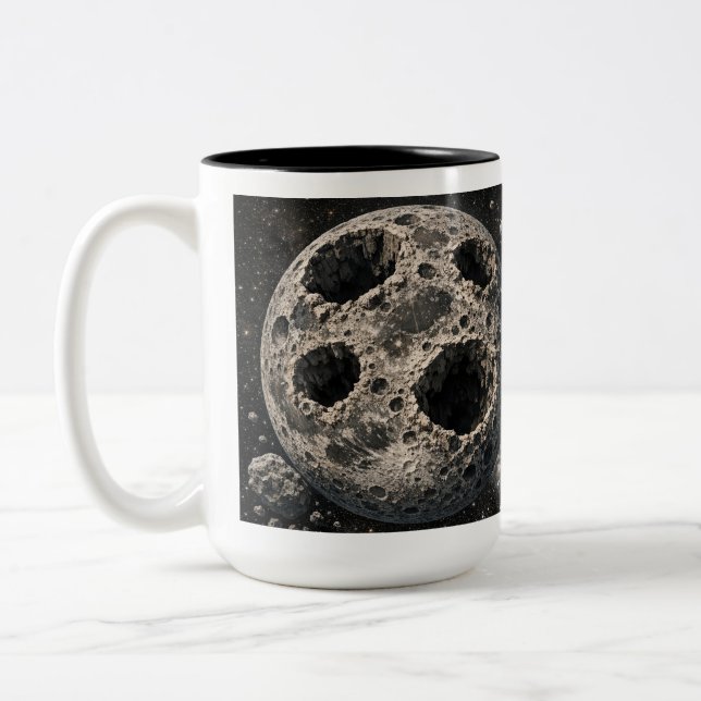 Moon with Asteroid Holes Two-Tone Coffee Mug (Left)