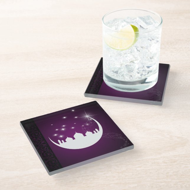 Moon with Mosque Silhouette - Glass Coaster (Angled)