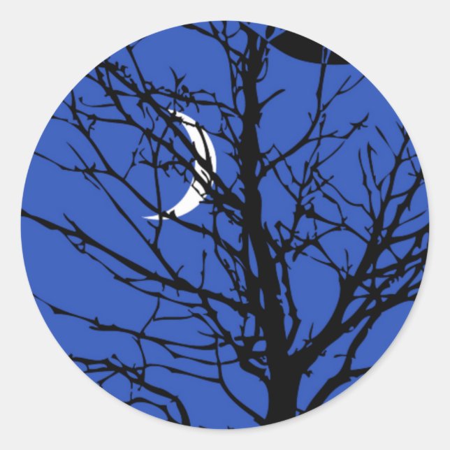 Moon with Tree, Cobalt Blue, Black and White Classic Round Sticker (Front)