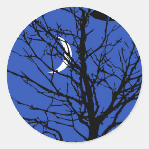 Moon with Tree, Cobalt Blue, Black and White Classic Round Sticker