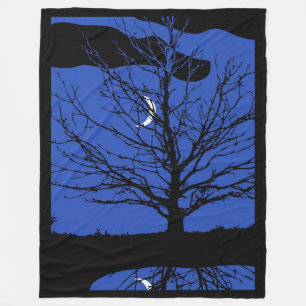 Moon with Tree, Cobalt Blue, Black and White Fleece Blanket