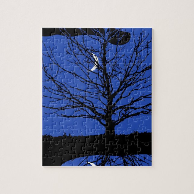 Moon with Tree, Cobalt Blue, Black and White Jigsaw Puzzle (Vertical)