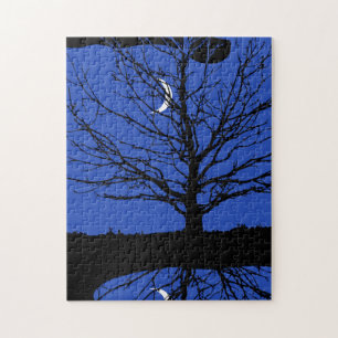 Moon with Tree, Cobalt Blue, Black and White Jigsaw Puzzle
