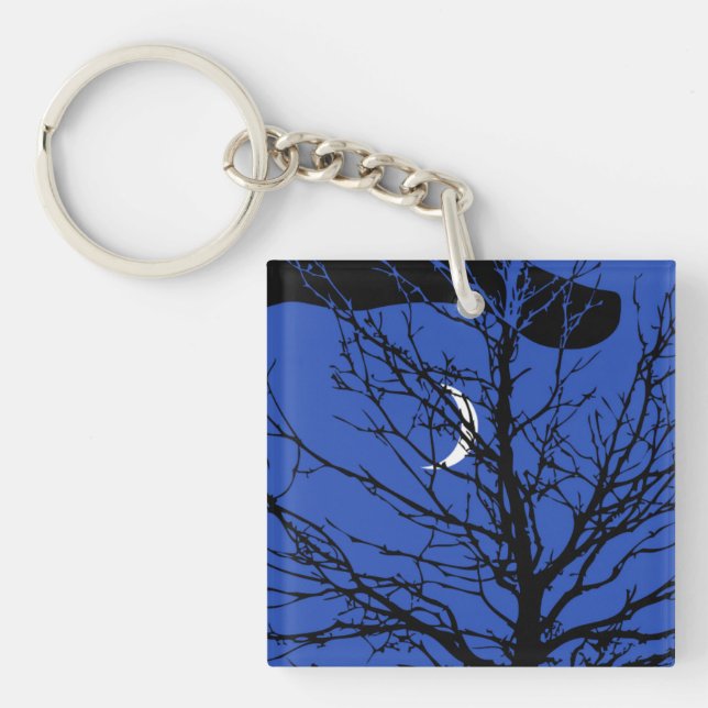 Moon with Tree, Cobalt Blue, Black and White Keychain (Front)