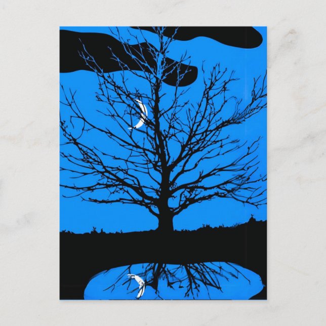 Moon with Tree, Cobalt Blue, Black and White Postcard (Front)