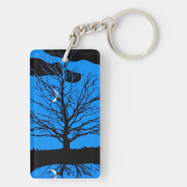 Moon with Tree, Deep Blue, Black and White Keychain (Back)