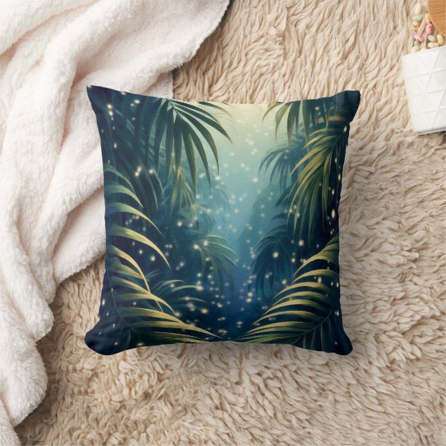 Moonbeam painted palm leaves and fireflies throw pillow (Blanket)