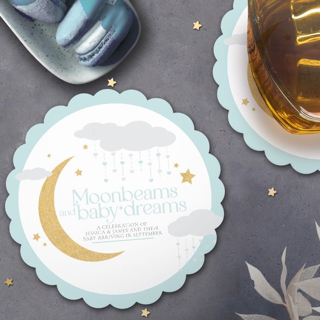 Moonbeams and baby dreams baby shower blue paper coaster (Creator Uploaded)