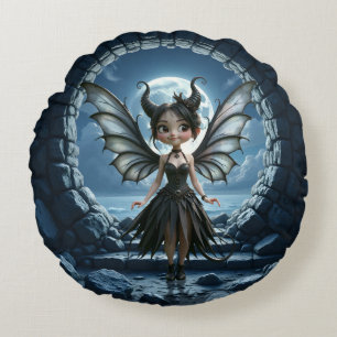 Moonborn Little Shadow, the Cute Gothic Fairy Round Pillow