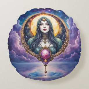 Moonbound Dreamkeeper – Guardian of the Night.   Round Pillow