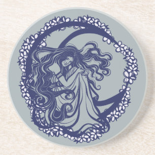 MoonChild Blue Floral Moon Goddess Art Moon Child  Coaster