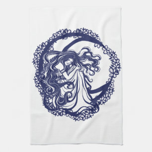 MoonChild Blue Floral Moon Goddess Art Moon Child Kitchen Towel