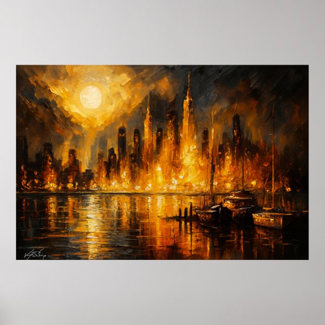Moonfire Skyline - Fiery Cityscape Under Full Moon Poster (Front)