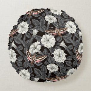 Moonflowers and sphinx moths 2 round pillow