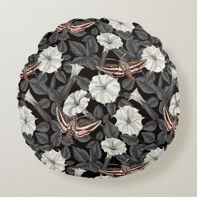 Moonflowers and sphinx moths 2 round pillow (Front)