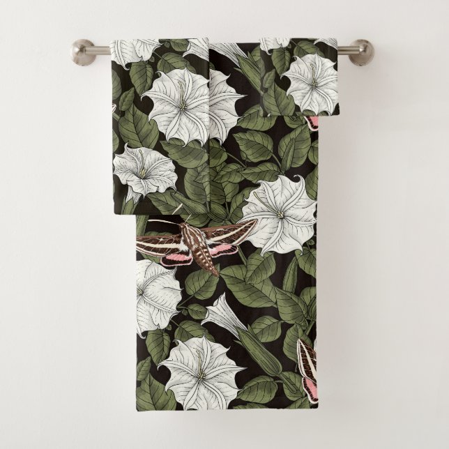 Moonflowers and sphinx moths bath towel set (Insitu)