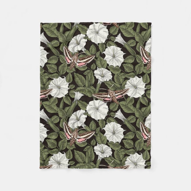 Moonflowers and sphinx moths fleece blanket (Front)
