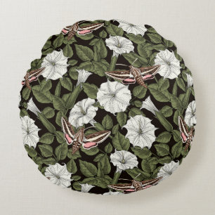 Moonflowers and sphinx moths round pillow