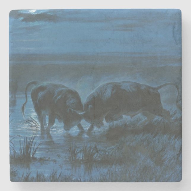 Moonlight Battle (Water Buffalo Fighting) Stone Coaster (Front)