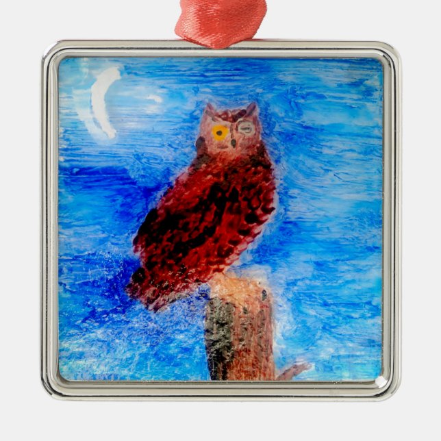 Moonlight Bird Brown Owl Metal Ornament (Front)