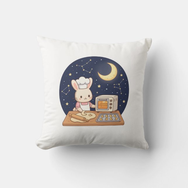 Moonlight Bunny Bakery Throw Pillow (Front)