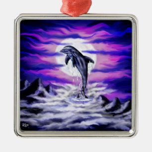 Moonlight Dolphin Metal Ornament