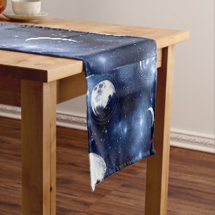 Moonlight Glow   Moon Phases in Sky Clouds Short Table Runner