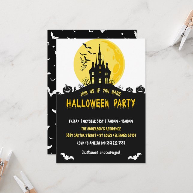 Moonlight Haunted House Spooky Halloween Party Invitation (Front/Back In Situ)