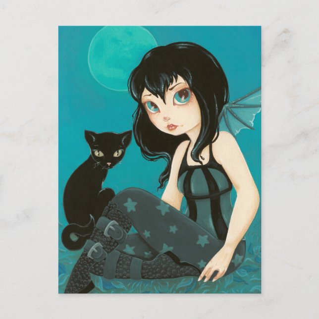 Moonlight Hijinks- Fairy Black cat postcard (Front)