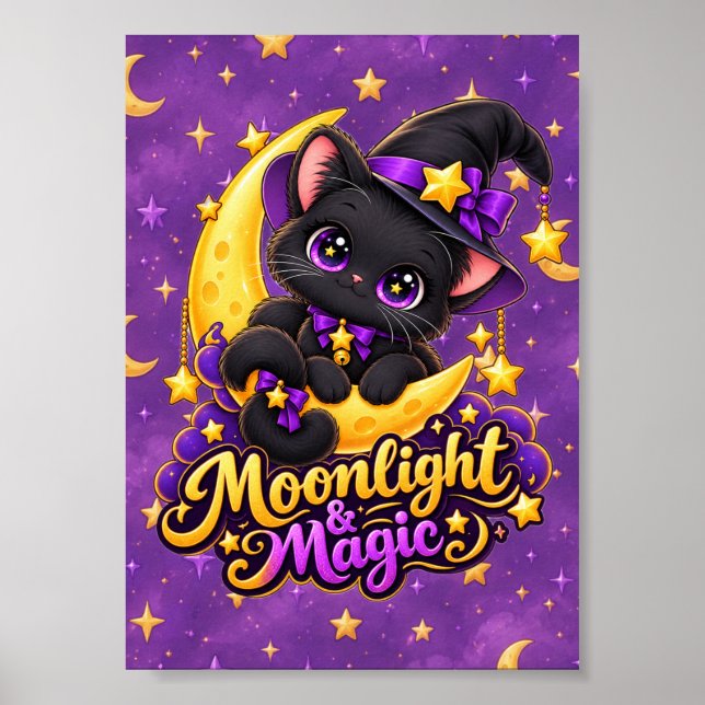 Moonlight Magic Black Cat Witch Fantasy Wall Art  (Front)
