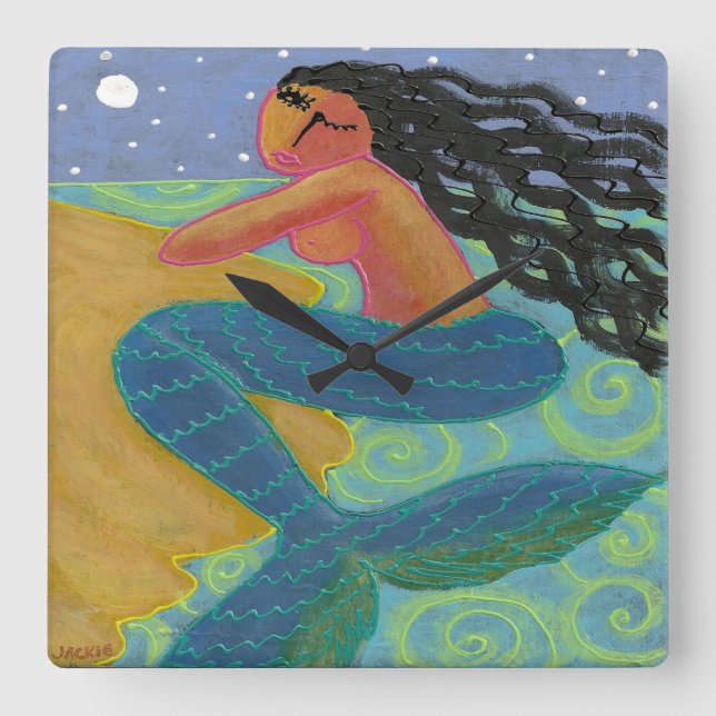Moonlight Mermaid Abstract Art Square Wall Clock (Front)