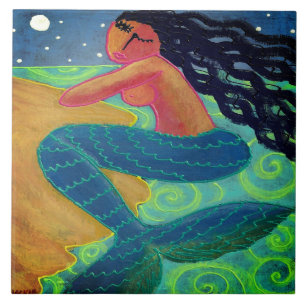Moonlight Mermaid Abstract Art Tile