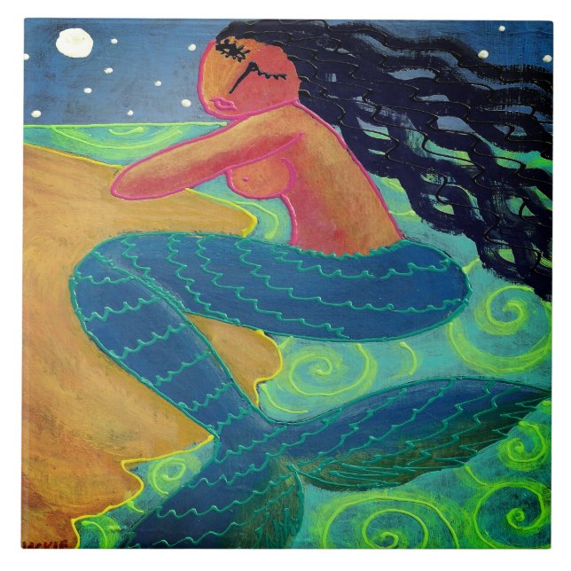 Moonlight Mermaid Abstract Art Tile (Front)