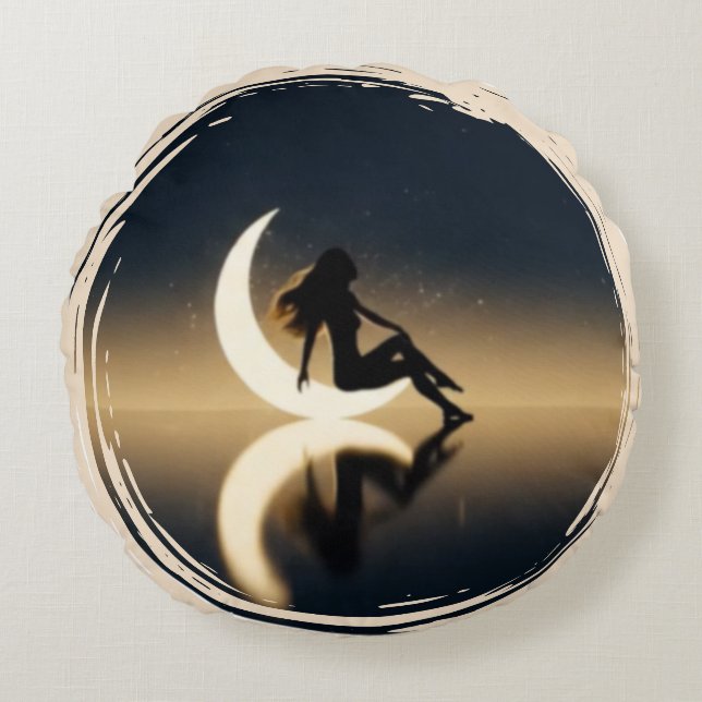 Moonlight Muse–Celestial Woman with Crescent Moon Round Pillow (Front)