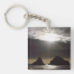 Moonlight Over Ocean Rocks Oregon Keychain