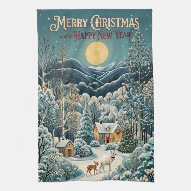 Moonlight Over Winter Valley Kitchen Towel (Vertical)