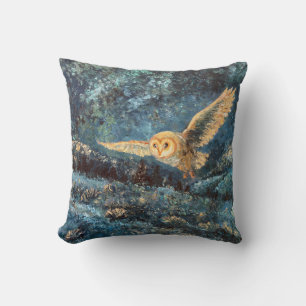Moonlight Owl: Barn Owl in Starry Moonlit Meadow Throw Pillow
