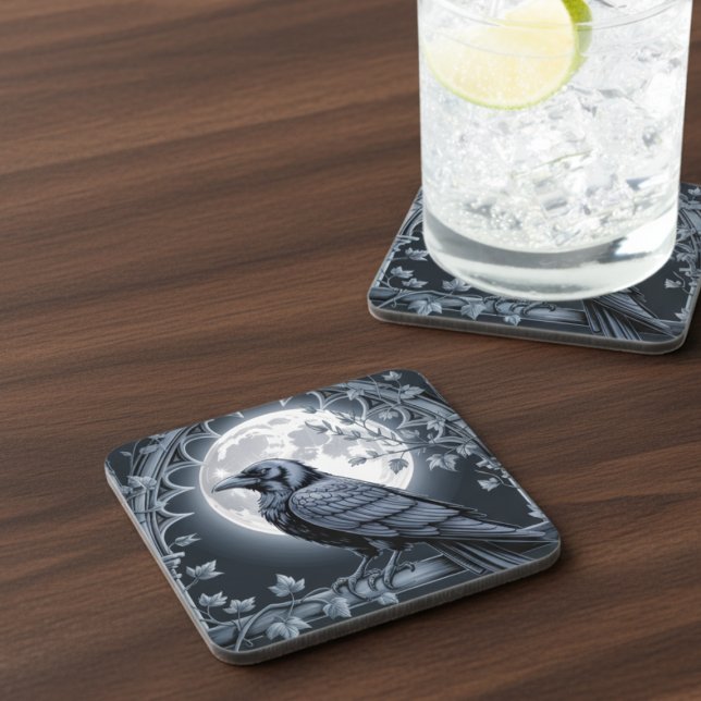 Moonlight Raven Goth Drink Coaster (Black raven drink coaster)