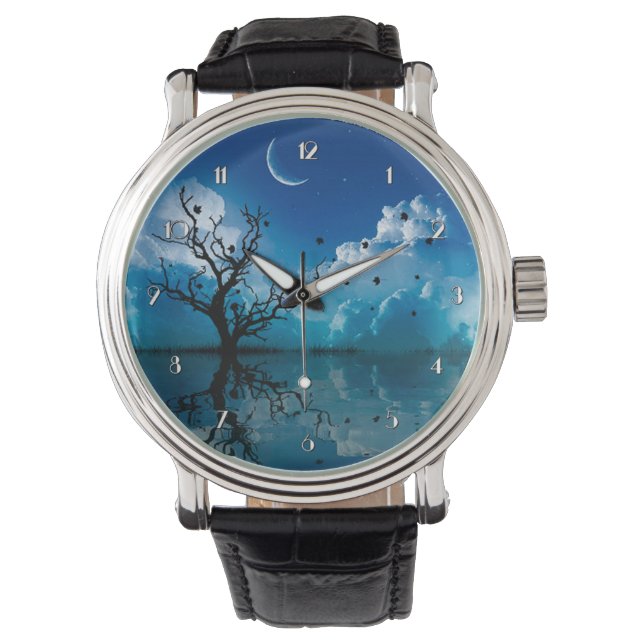 Moonlight Reflections Scenic Night Sky Wrist Watch (Front)
