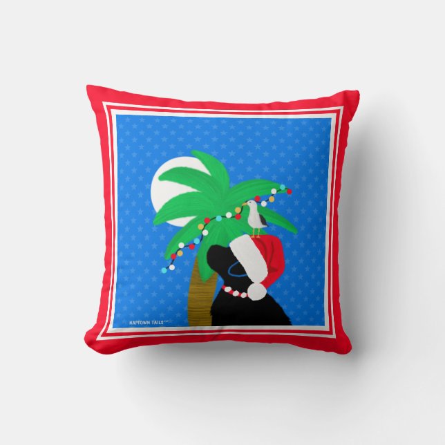Moonlight Santa Black Dog Trimming Palm Tree Throw Pillow (Front)