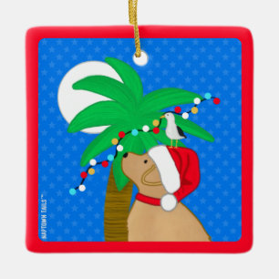 Moonlight Santa Yellow Dog Trimming Palm Tree Ceramic Ornament