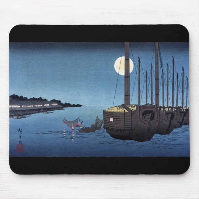 Moonlight Scene on a River With Boats, Hiroshige Mouse Pad (Front)