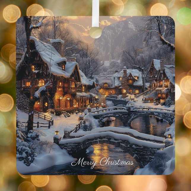 Moonlight Snowy Christmas Village Merry Christmas Metal Ornament (Creator Uploaded)