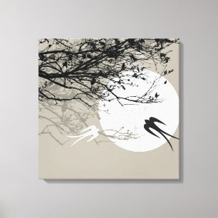 Moonlight Swallows Silhouette Grey Wrapped Canvas