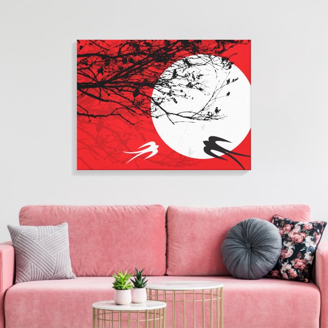 Moonlight Swallows Silhouette Red Wrapped Canvas (Insitu(LivingRoom))