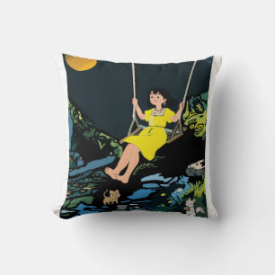 Moonlight Swing Dream" – Whimsical Girl on a Swing Throw Pillow