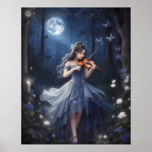 Moonlight Symphony - Dreamy Violin Playing Girl Poster