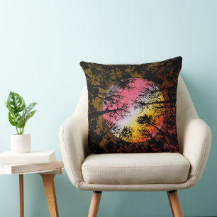 Moonlight Through Dense Forest – Colourful Surreal Throw Pillow