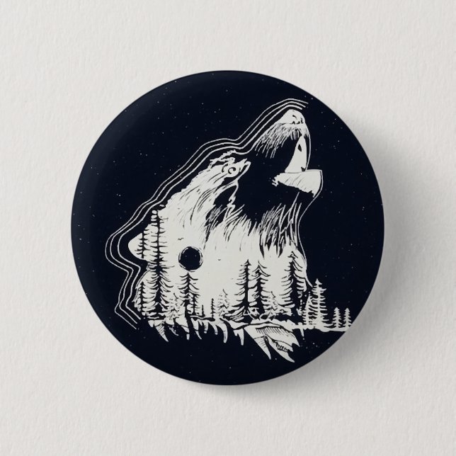 Moonlight Winter Wolf Pine Tree Forest 2 Inch Round Button (Front)